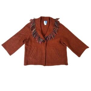 Lark Lane Burnt Orange Boiled Wool Fringe Boho Cardigan Jacket Large Western